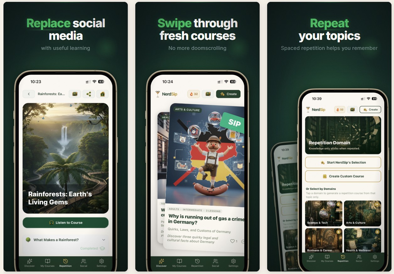 NerdSip: replace social media, swipe through fresh courses, repeat your topics