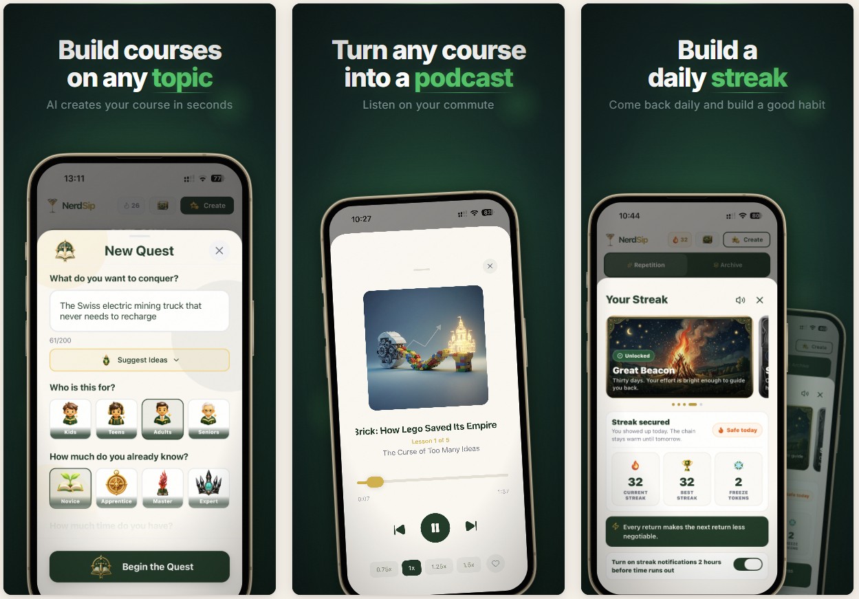 NerdSip: build courses on any topic, turn any course into a podcast, build a daily streak