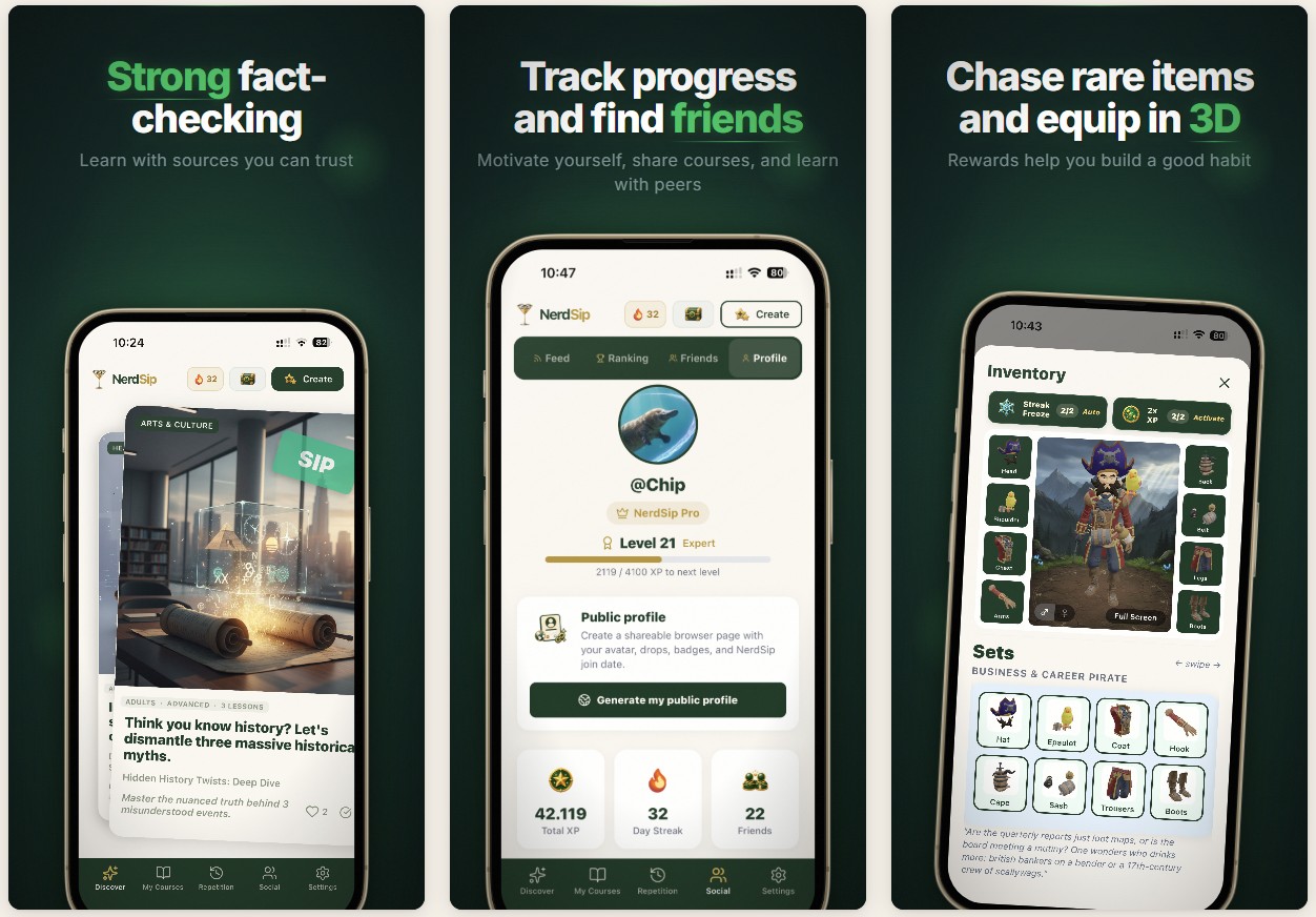 NerdSip: strong fact-checking, track progress and find friends, chase rare items in 3D